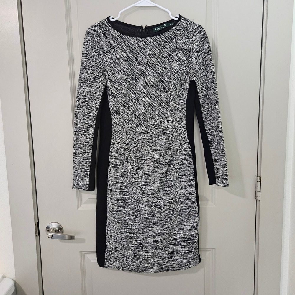 Lauren Ralph Lauren Black White Textured Knit Sheath Dress Size 6 Long Sleeve